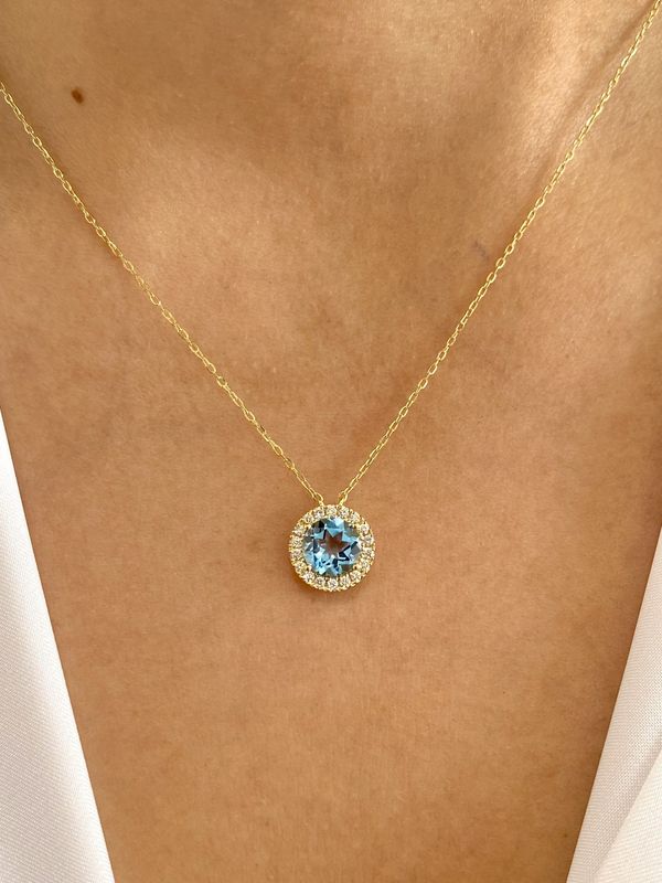 Round 2 ct Blue Topaz, Halo Diamond Necklace