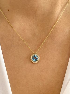 Round 2 ct Blue Topaz, Halo Diamond Necklace