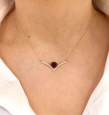 Heart Shaped 2 ct Red Garnet, V-Shaped Diamond Necklace