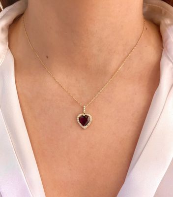 Heart Shaped 3 ct Red Garnet, Halo Style Diamond Necklace