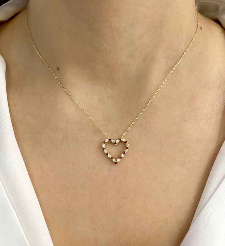 Alternating Heart Shaped Ruby, Diamond Necklace