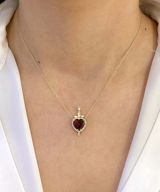 &quot;Sword in Heart&quot; 2.5 ct Red Garnet, Diamond Necklace