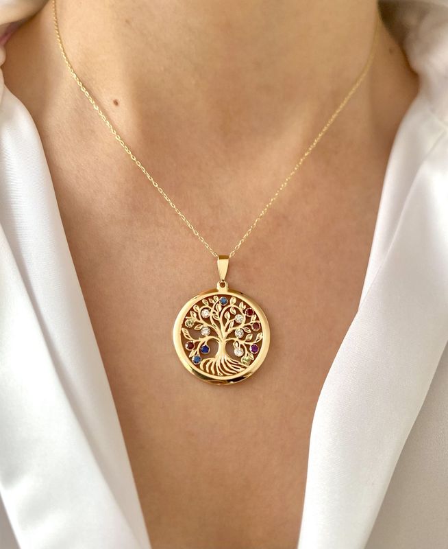 Three Dimensional Tree of Life, Colored Precious Gemstones, Diamond Necklace