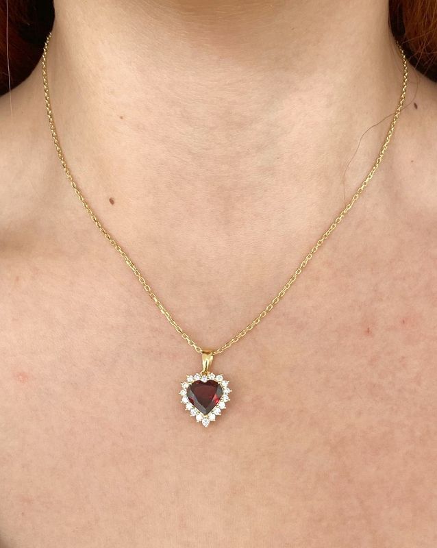 Heart Shaped 3.5 ct Red Garnet, Lady D Style Diamond Necklace