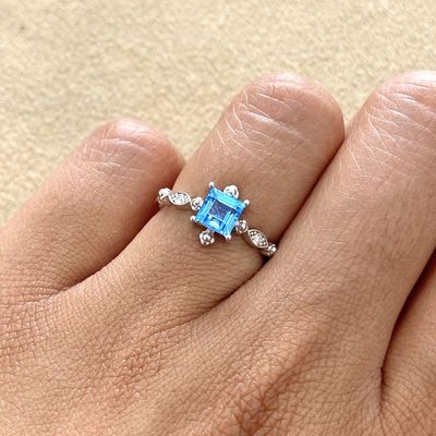 Princess Cut 0.5 ct Blue Topaz, Diamond Ring