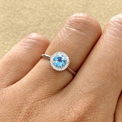 Round 0.5 ct Blue Topaz Halo Style, Diamond Ring