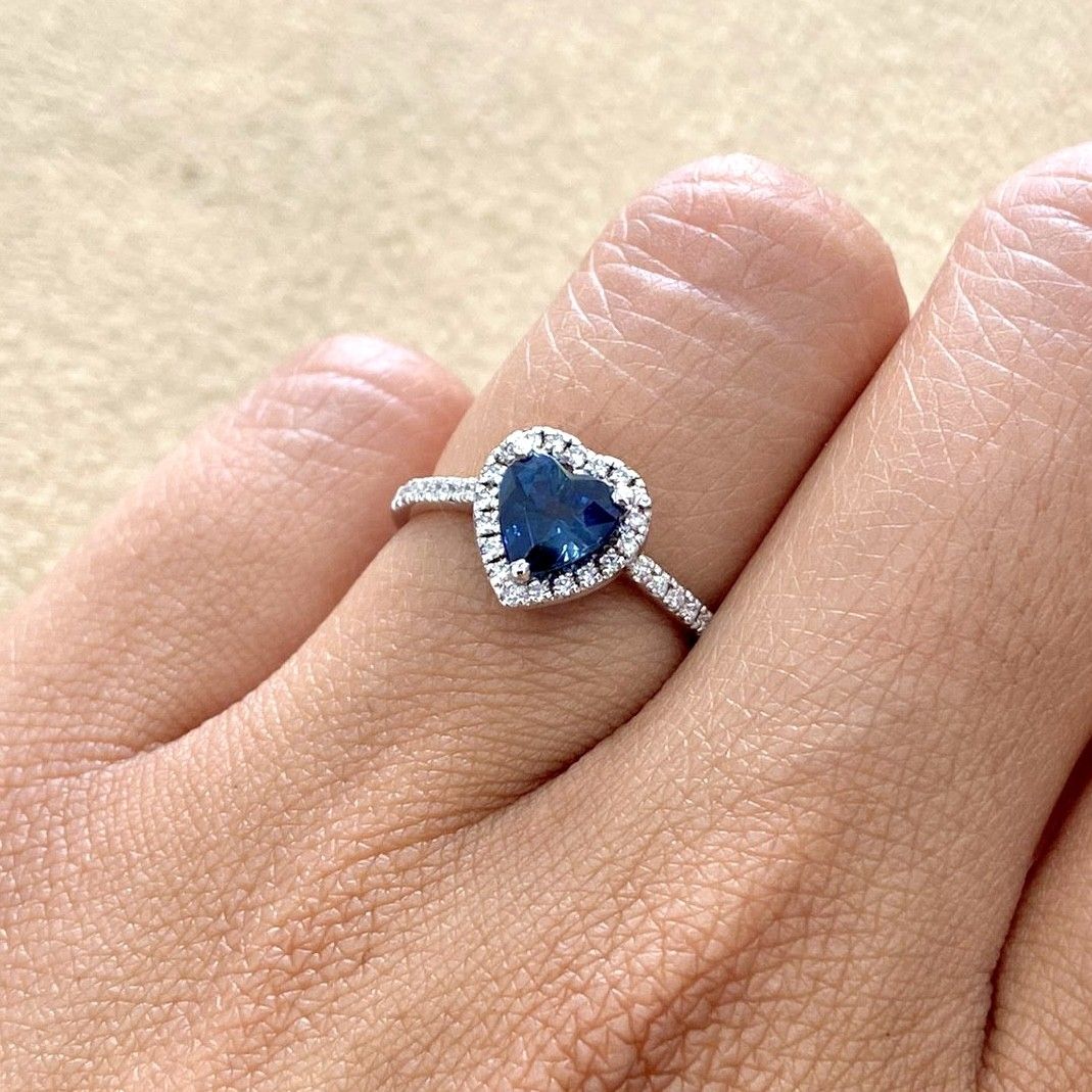 Heart Shaped 1 ct Blue Sapphire, Halo Style Diamond Ring