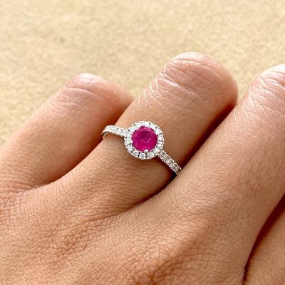 Round 0.5 ct Ruby, Full Halo Style Diamond Ring