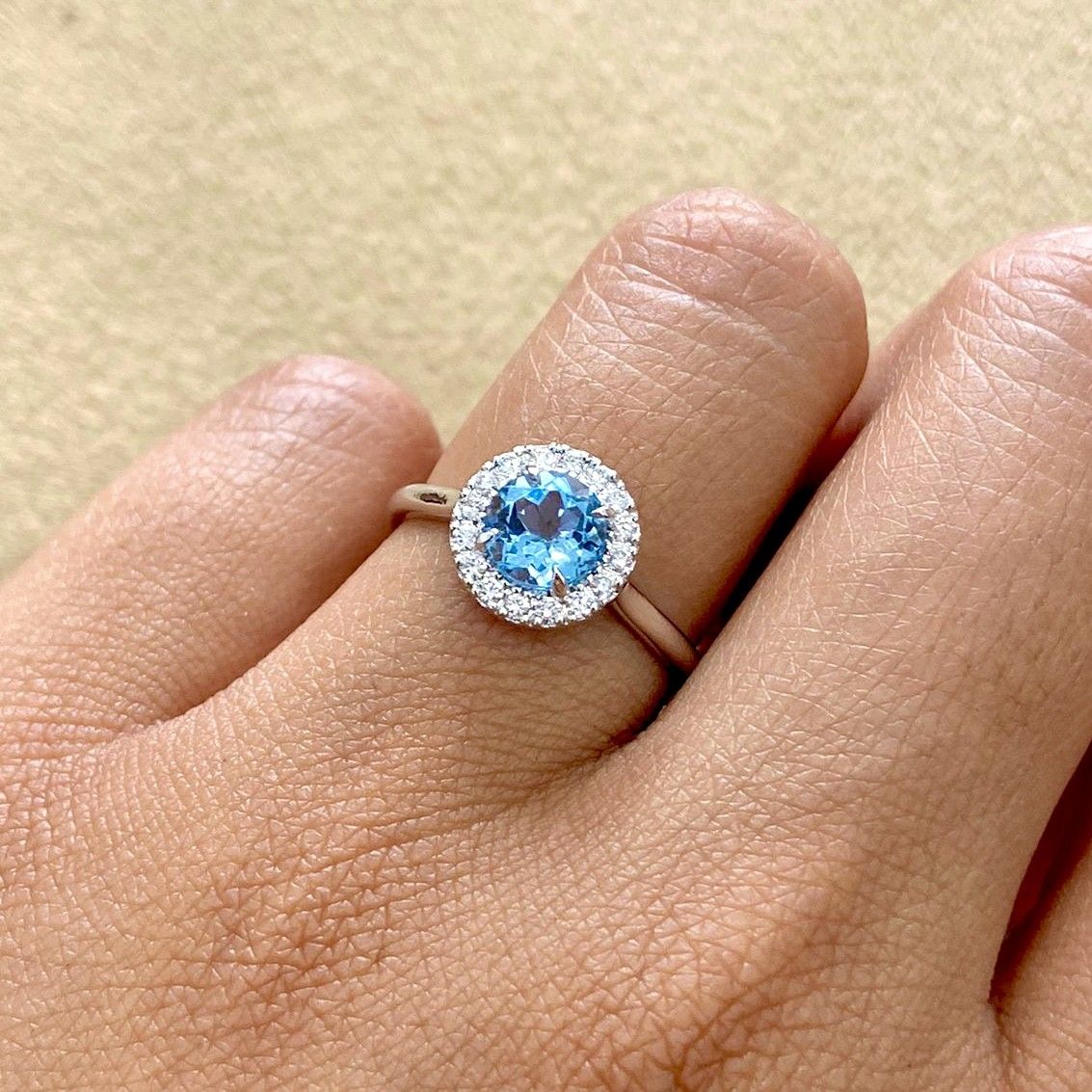 Round 1 ct Blue Topaz Halo Style, Diamond Ring