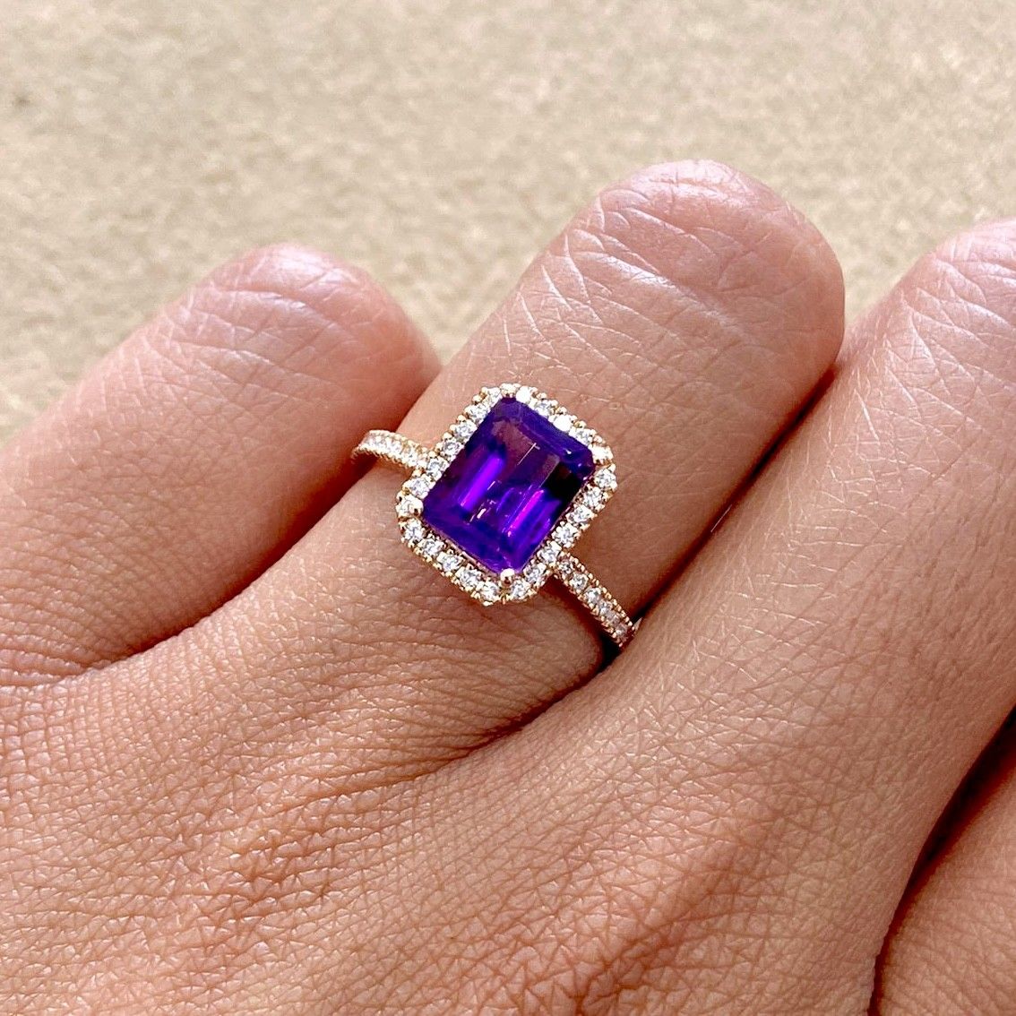 Emerald Cut 2 ct Amethyst, Full Halo Style, Diamond Ring