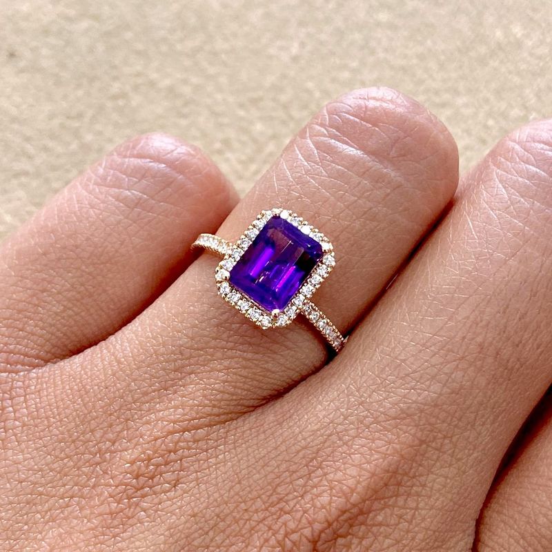 Emerald Cut 2 ct Amethyst, Full Halo Style, Diamond Ring