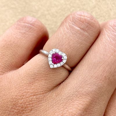 Heart Shaped 0.4 ct Ruby, Halo Style, Diamond Ring