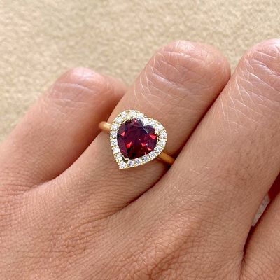 Heart Shaped 2 ct Red Garnet, Halo Diamond Ring