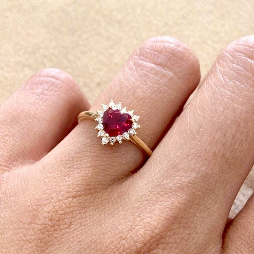 Heart Shaped 1 ct Red Garnet, Lady D Style, Diamond Ring