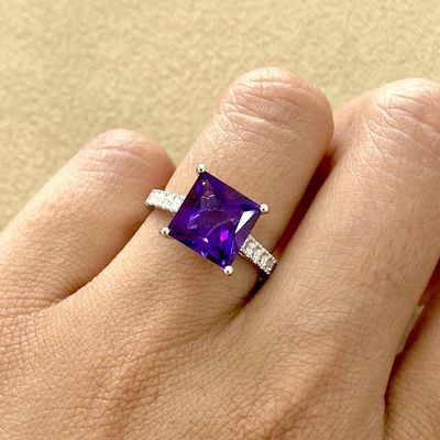 Princess Cut 3.5 ct Amethyst, Pave Style, Diamond Ring