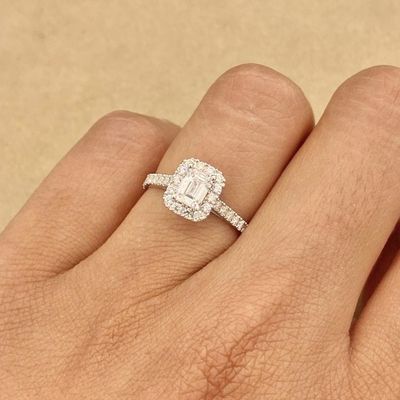 GIA Certified, Emerald Cut 0.6 ct Full Halo Diamond Engagement Ring