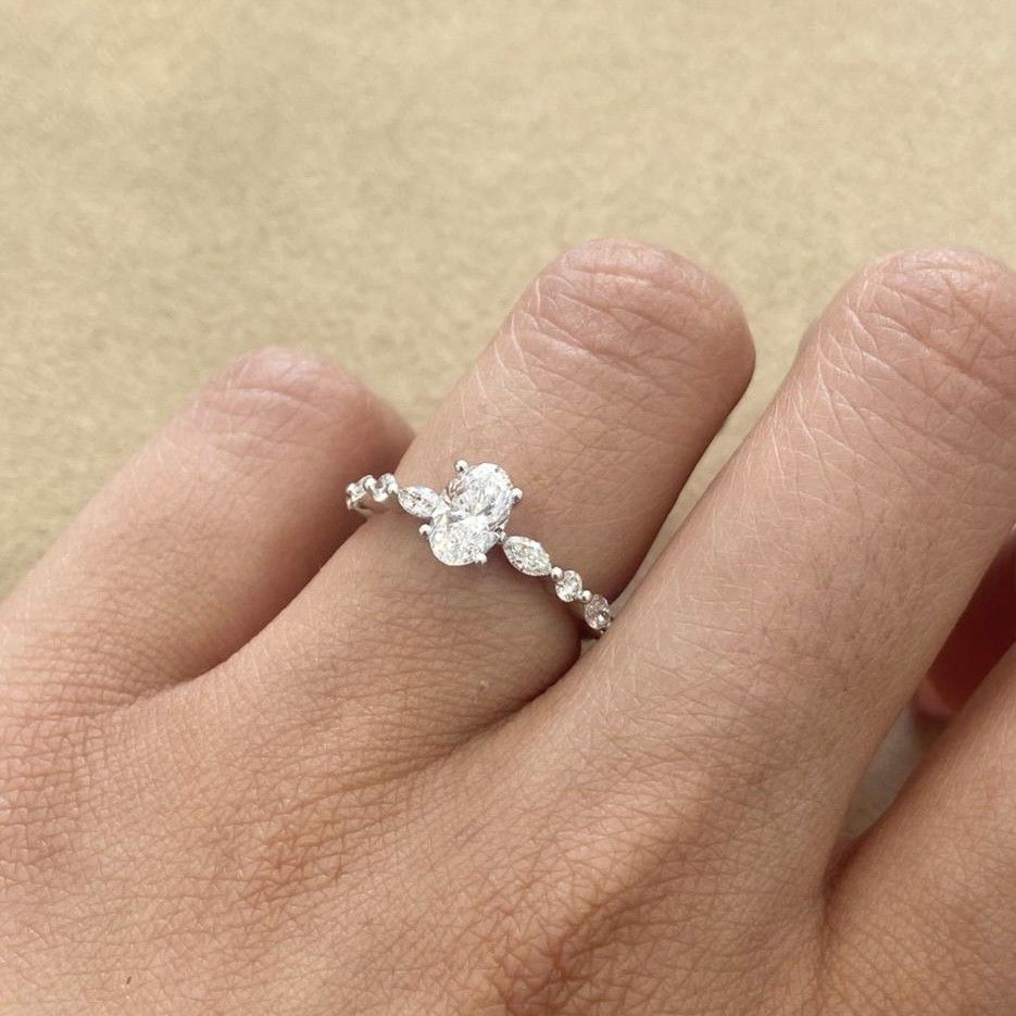 GIA Certified, Oval 0.7 ct Alternating Marquise, Round Diamond Engagement Ring