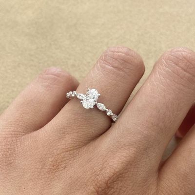 GIA Certified, Oval 0.7 ct Alternating Marquise, Round Diamond Engagement Ring