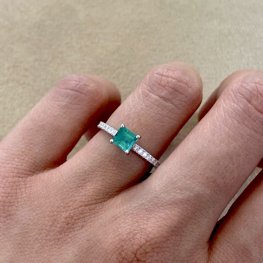 Princess Cut 0.5 ct Emerald, Pave Style, Diamond Ring