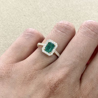 Emerald Cut 1.2 ct Emerald, Halo Style, Diamond Ring