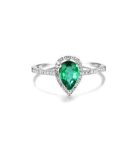 Halo style 0.7 Ct Pear-Shaped Emerald, Diamond Ring