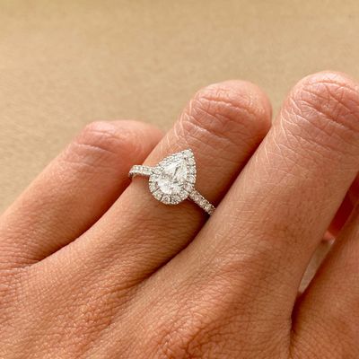 GIA Certified, Pear Shaped 0.5 ct, Halo Style Diamond Engagement Ring