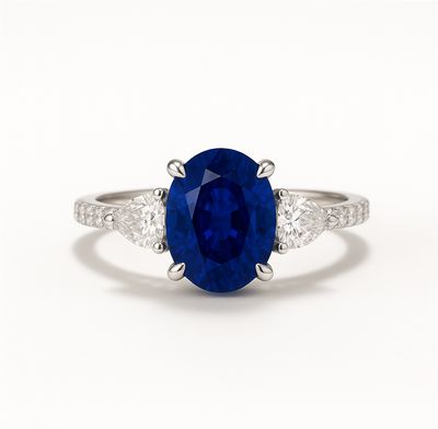 Natural, Oval Shaped, 1.5 ct Blue Sapphire, Flying Love, Pave Diamond Ring