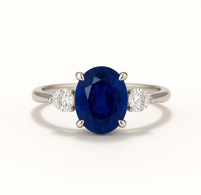 Natural, Oval Shaped, 1.5 ct Blue Sapphire, Trilogy Diamond Ring