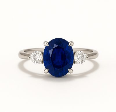 Natural, Oval Shaped, 1.5 ct Blue Sapphire, Trilogy Diamond Ring