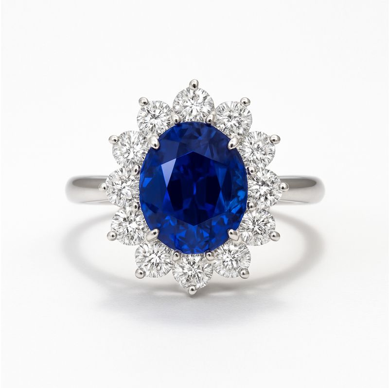 Natural, Oval Shaped, 3.8 ct Blue Sapphire, Lady-D Style Diamond Ring