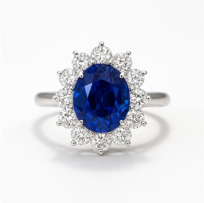 Natural, Oval Shaped, 3.8 ct Blue Sapphire, Lady-D Style Diamond Ring