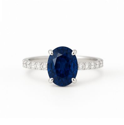Natural Oval 1.5 ct Blue Sapphire, Pave Set Diamond Ring