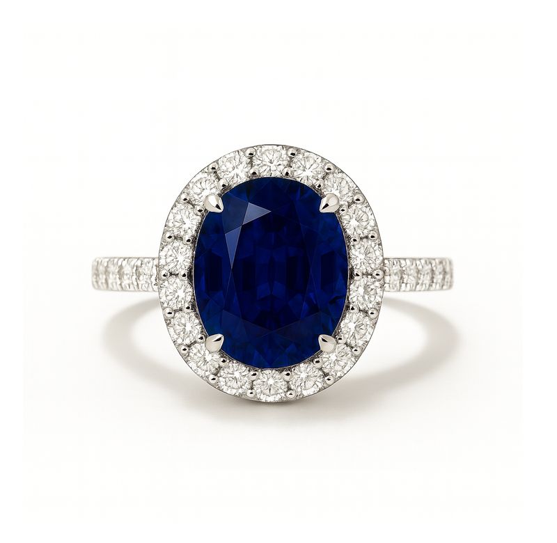 Oval 3.2 ct Intense Blue Sapphire, Full Halo Diamond Ring