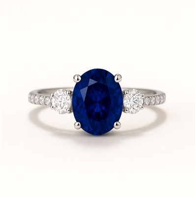 Natural Oval 1.5 ct Blue Sapphire, Diamond Ring