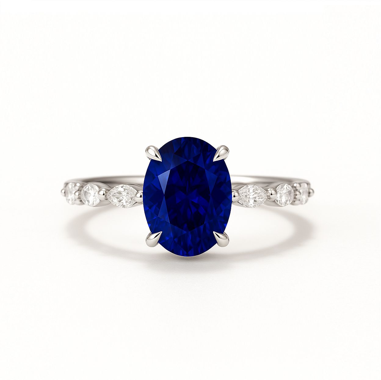 Natural Oval 1.8 ct Blue Sapphire, Alternating Marquise Shaped, Round Diamond Ring