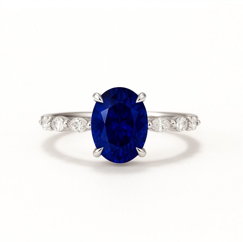Natural Oval 1.8 ct Blue Sapphire, Alternating Marquise Shaped, Round Diamond Ring