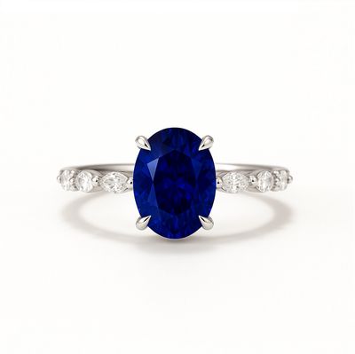 Natural Oval 1.8 ct Blue Sapphire, Alternating Marquise Shaped, Round Diamond Ring