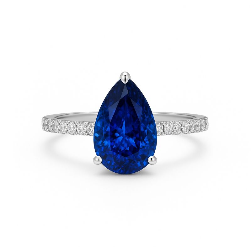 Pear Shaped 1.8 ct Blue Sapphire, Pave Diamond Ring