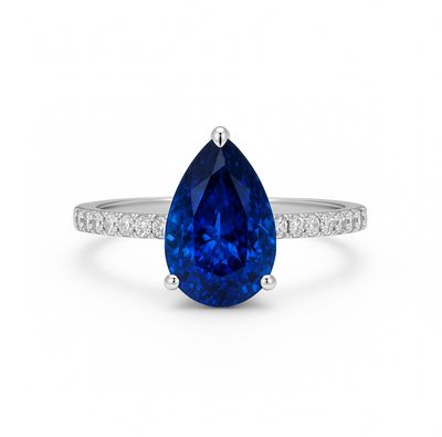Pear Shaped 1.8 ct Blue Sapphire, Pave Diamond Ring