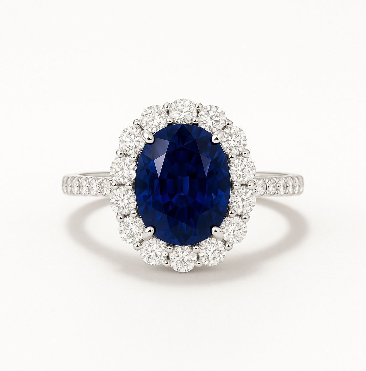 Oval 4 ct Intense Blue Sapphire, Full Halo Diamond Ring