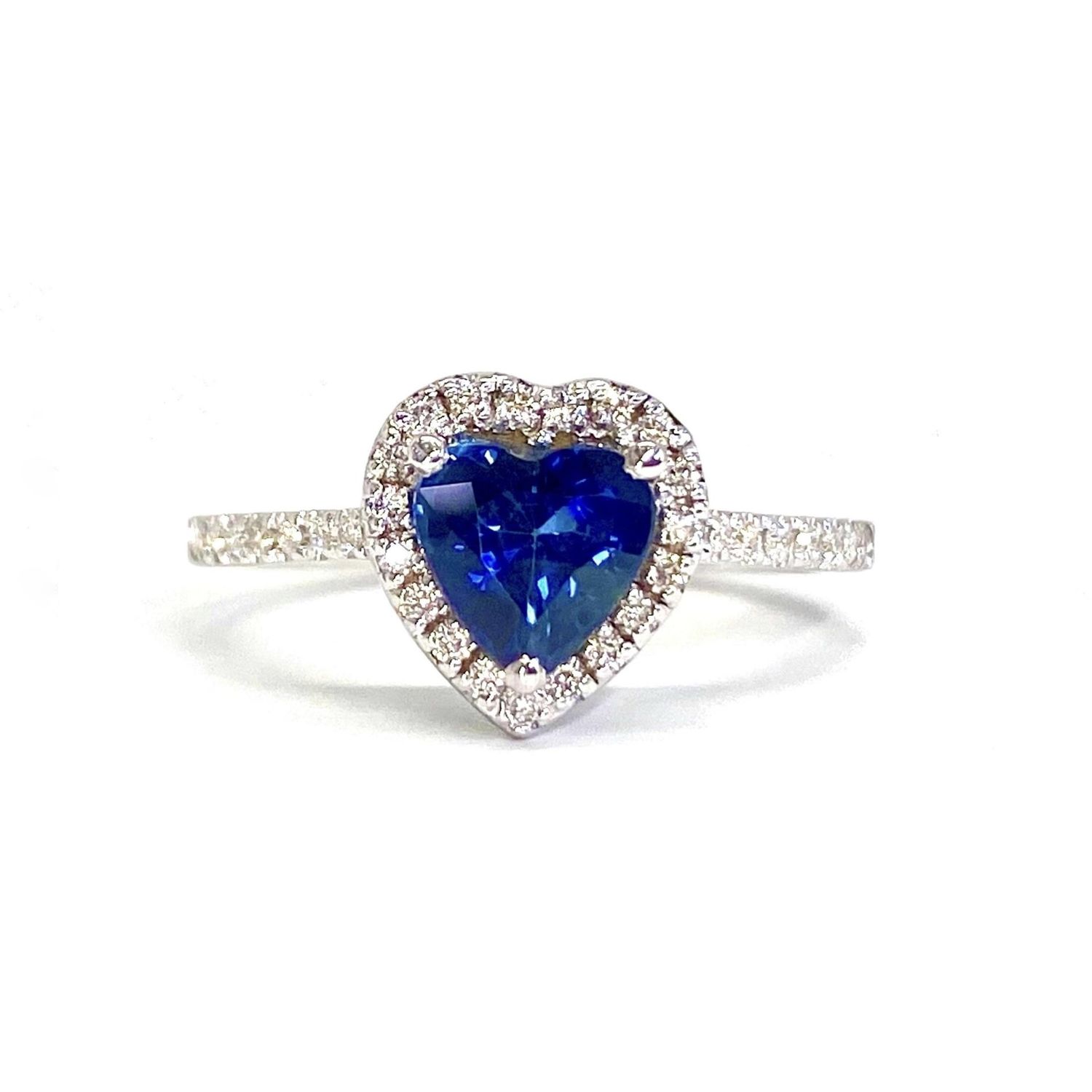 Heart Shaped 1 ct Blue Sapphire, Full Halo Diamond Ring