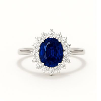 Oval Shaped 2.5 ct Blue Sapphire, Lady-D Style Diamond Ring