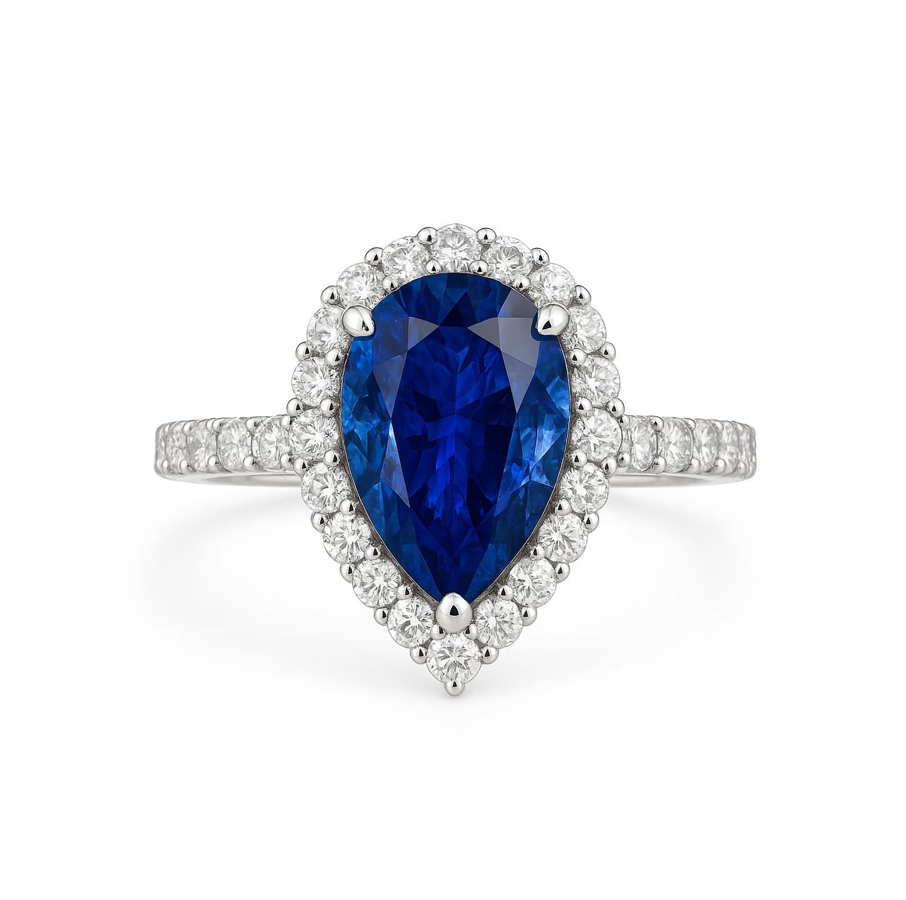 Natural Pear Shaped, 2 ct Blue Sapphire, Full Halo Style Diamond Ring