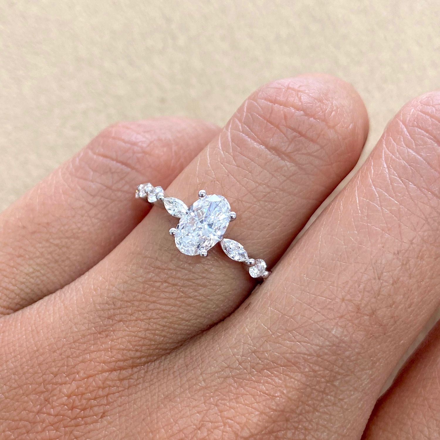 GIA Certified, Oval 0.8 ct Alternating Marquise, Round Diamond Engagement Ring