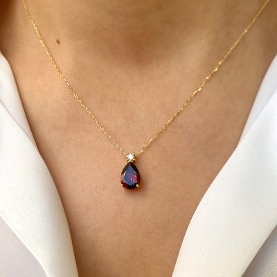 Pear Shaped 3.5 ct Red Garnet, Diamond Necklace