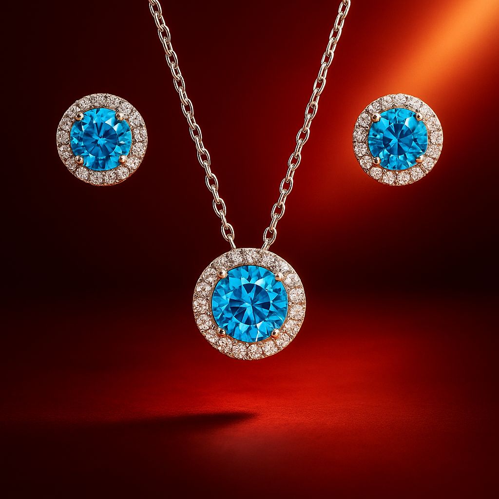 Halo Style, Round Shaped, Blue Topaz, Diamond Set