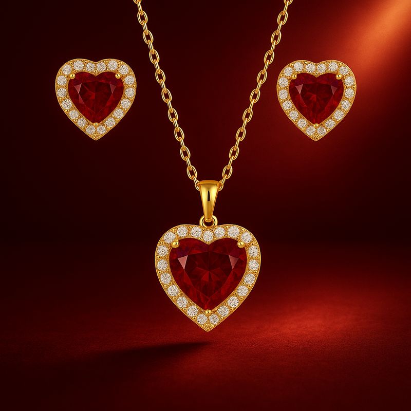 Halo Style, Heart Shaped, Red Garnet, Diamond Set
