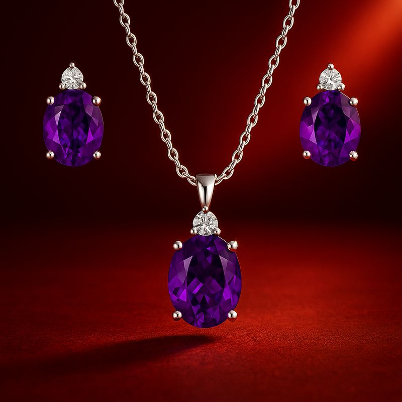 Single Diamond Style, Oval Shaped Amethyst Set