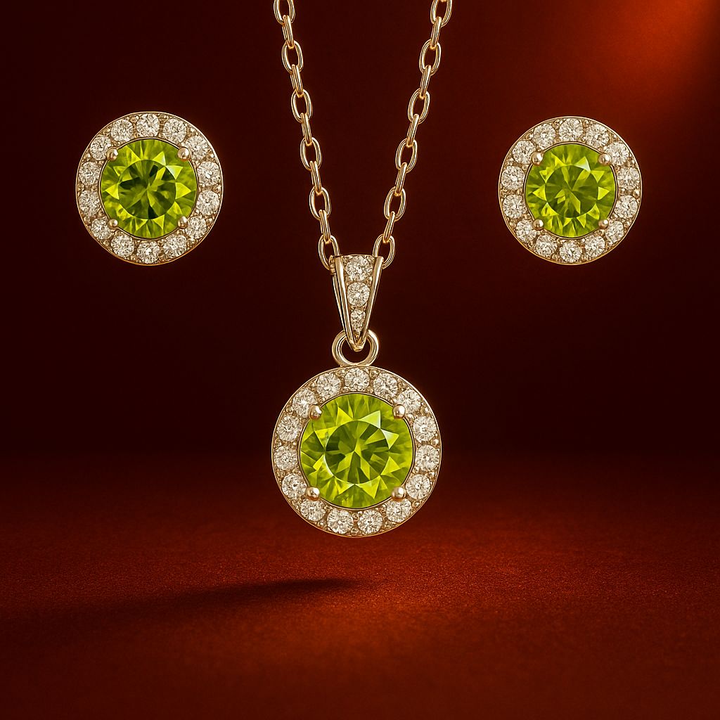 Halo Style, Round Shaped, Peridot, Diamond Set