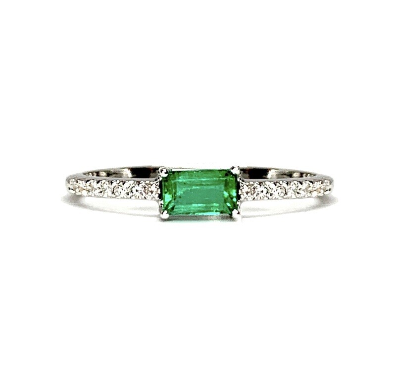 Emerald Cut, Vivid Green 0.4 ct Emerald, Pave Diamond Ring